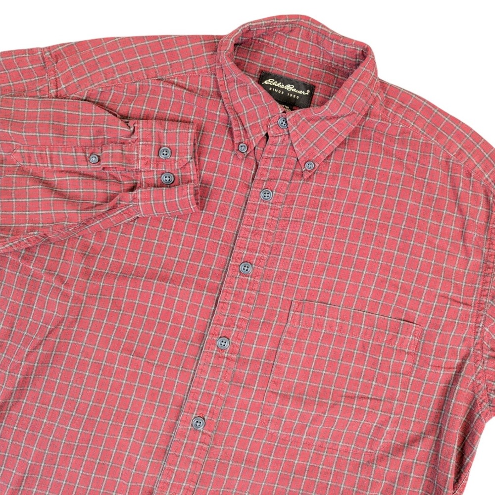 Eddie Bauer Mens Tall Medium Flannel Shirt Red Grey Plaid Long Sleeve CottonFLAW